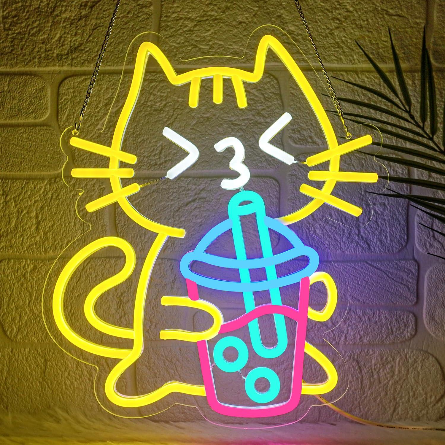 Coffee Tea Neon Sign - Katzen-Boba-Tee Neonschild Niedliches Tier-Neonlicht für Bubble-Tea-Laden