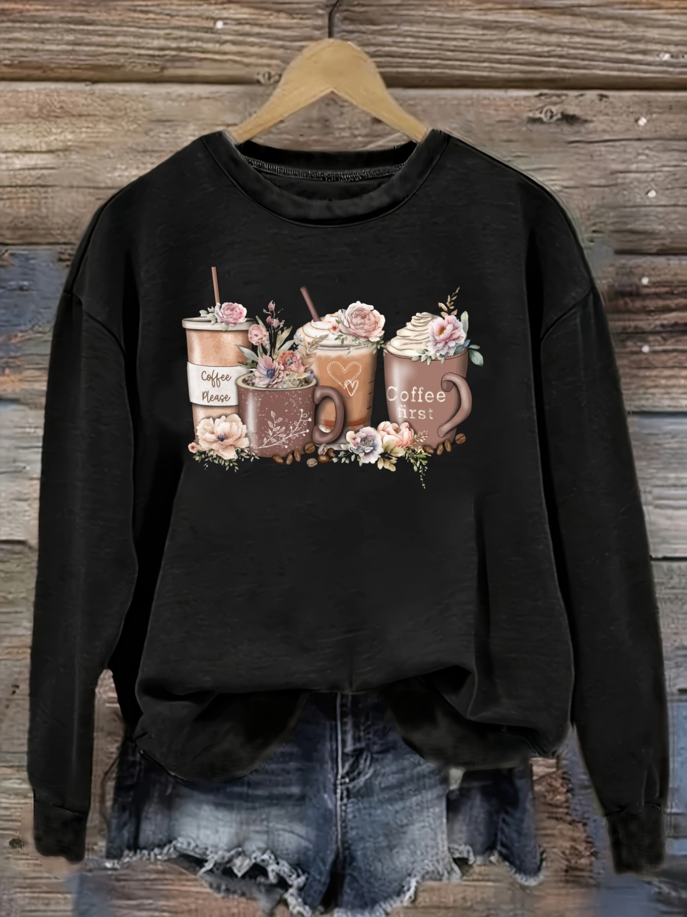 Coffee & Tea Ken'S House - Damen-Freizeit-T-Shirt mit langen Ärmeln und Rundhalsausschnitt,