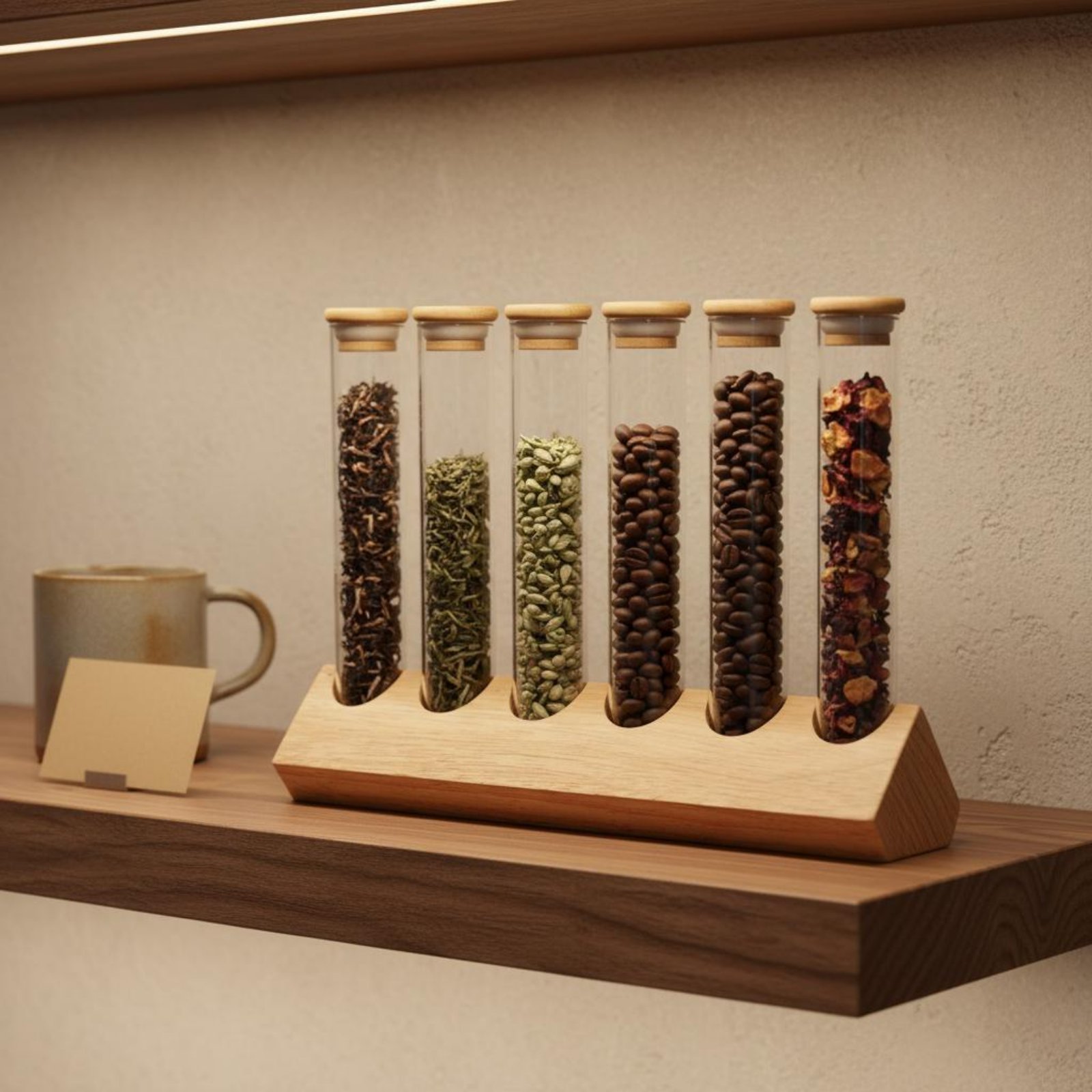 Coffee Bean - Glasröhren-Behälterset mit Holzständer Transparentes Design Glasröhren-Holzgestell-Set