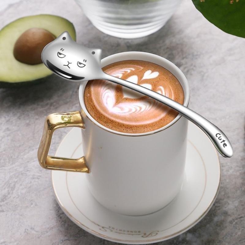 Coffee Tea Uses - Niedlicher Katzenlöffel aus Edelstahl, lebensmittelecht, Cartoon-Design