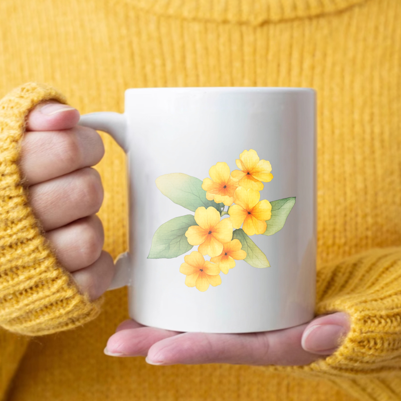 Coffee Tea Break - Keramikbecher mit weißen und gelben Blumen,